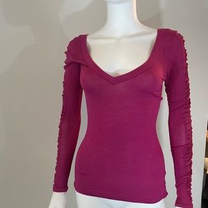 Bebe - Long sleeve mesh accented low V neck Shirt